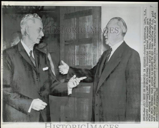 1960 Press Photo Robert B. Anderson chats with Konrad Adenauer in Bonn- Historic Images