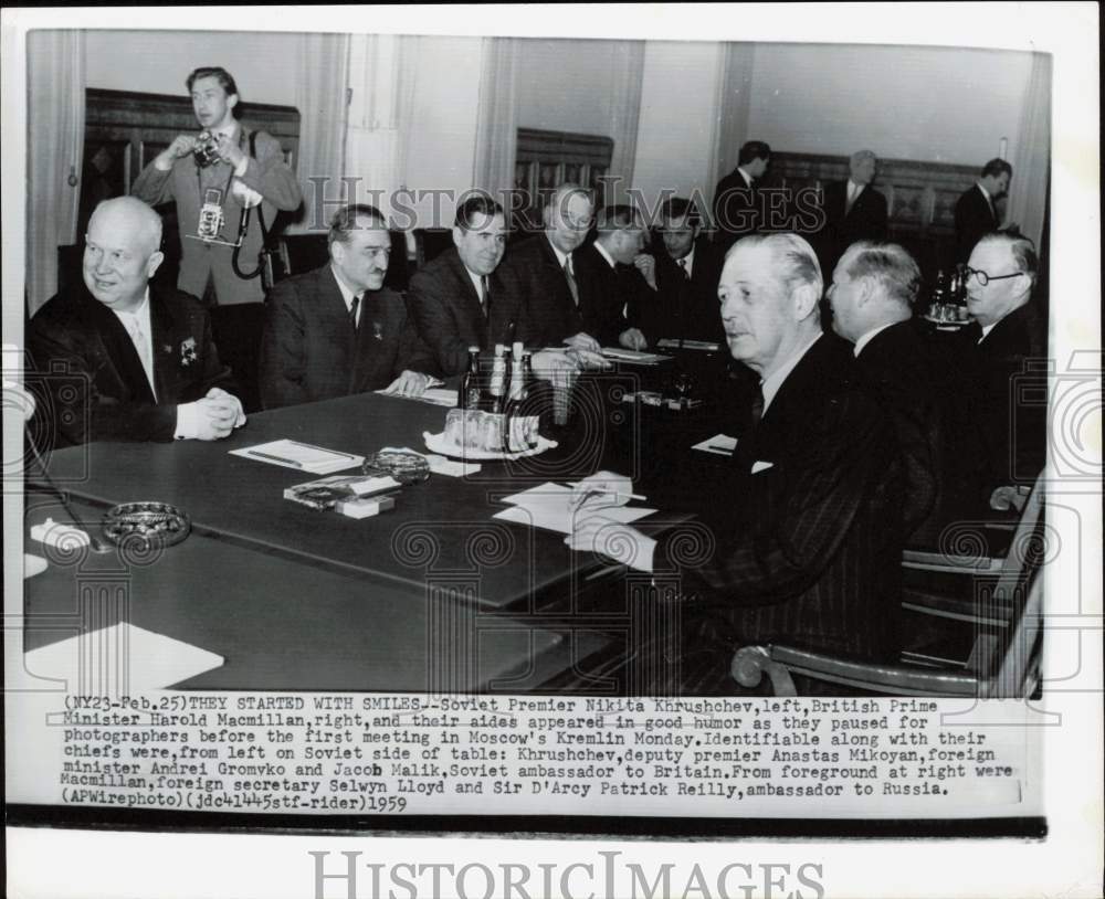 1959 Press Photo Nikita Khrushchev and Harold Macmillan at meeting in Moscow- Historic Images