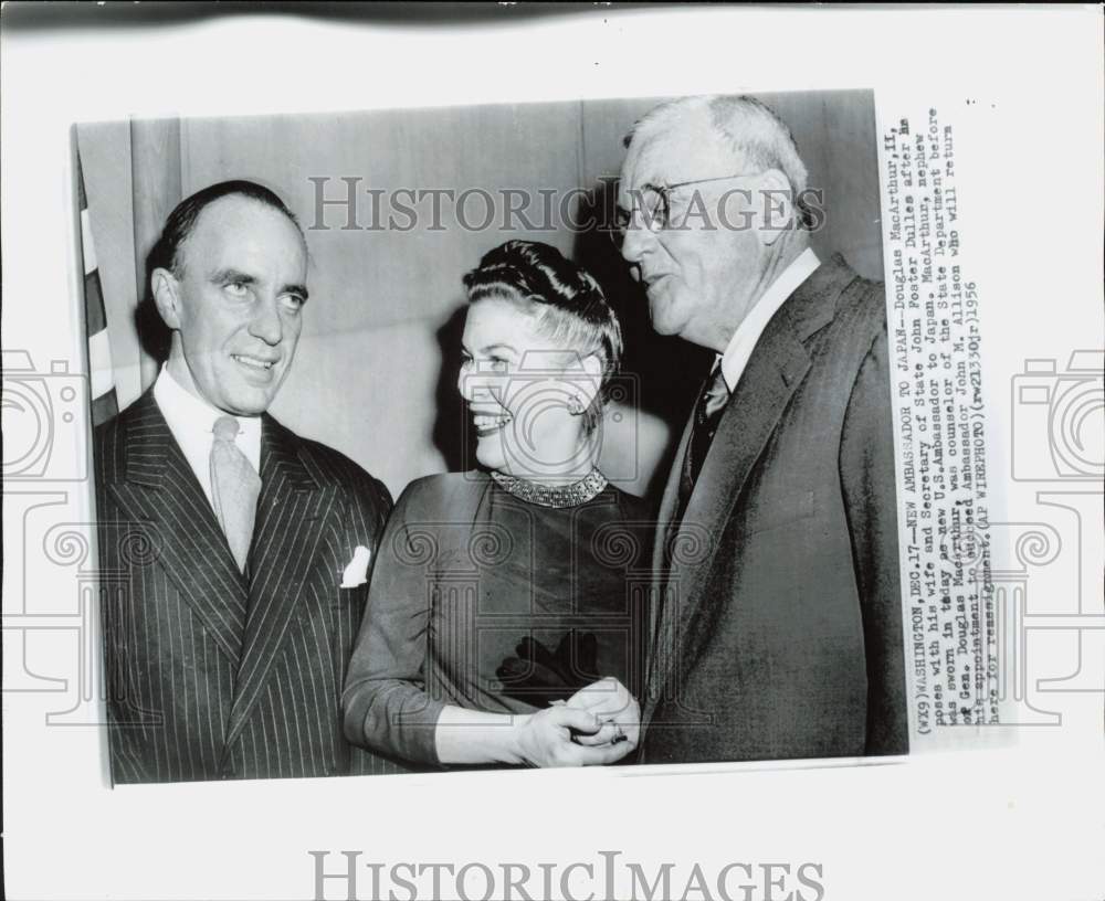 1956 Press Photo Mr. &amp; Mrs. Douglas MacArthur II talk with John Foster Dulles- Historic Images