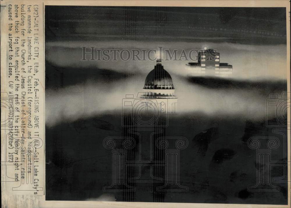 1973 Press Photo Capital &amp; Church of Latter-day Saints above fog in Salt Lake- Historic Images