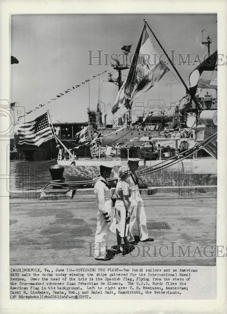 1957 Press Photo Dutch sailors and an American WAVE view ships in Norfolk, VA- Historic Images