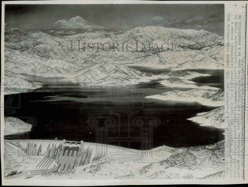 1950 Press Photo Snow-Covered Mt. Shasta Overlooks Shasta Dam, California- Historic Images