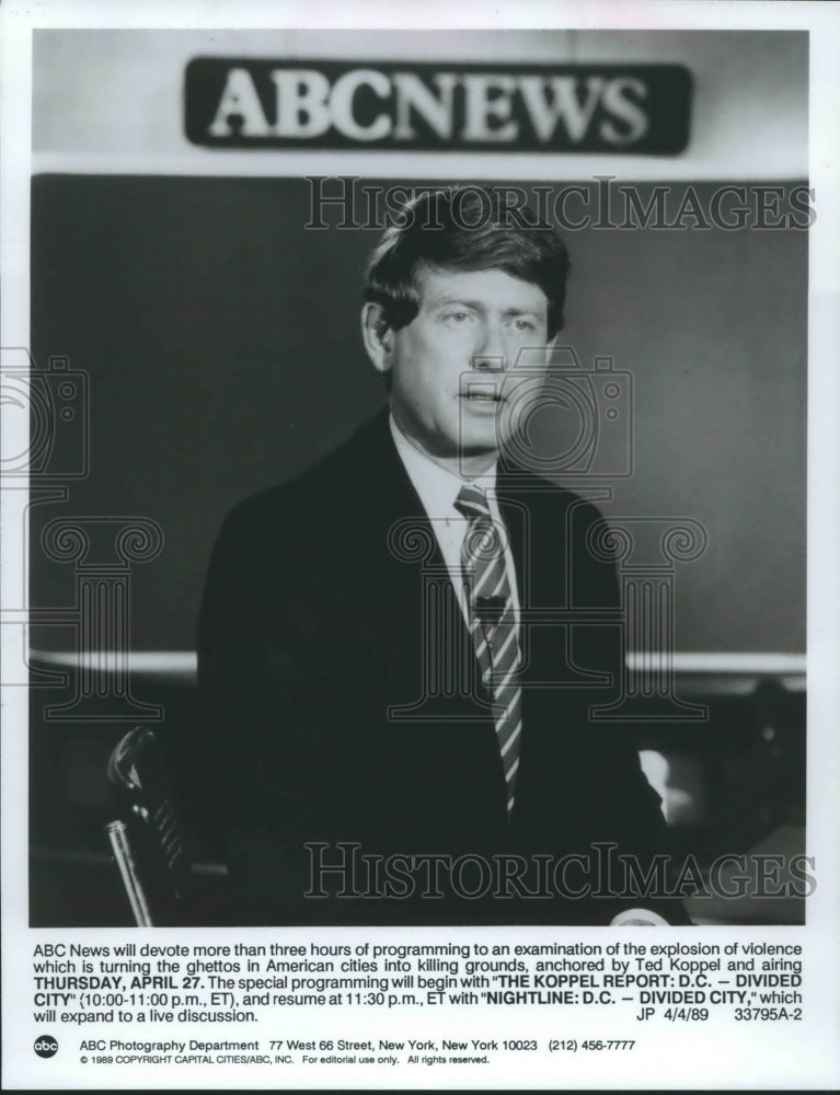 1989 Press Photo Journalist Ted Koppel Anchors Special - "Divided City" - Historic Images