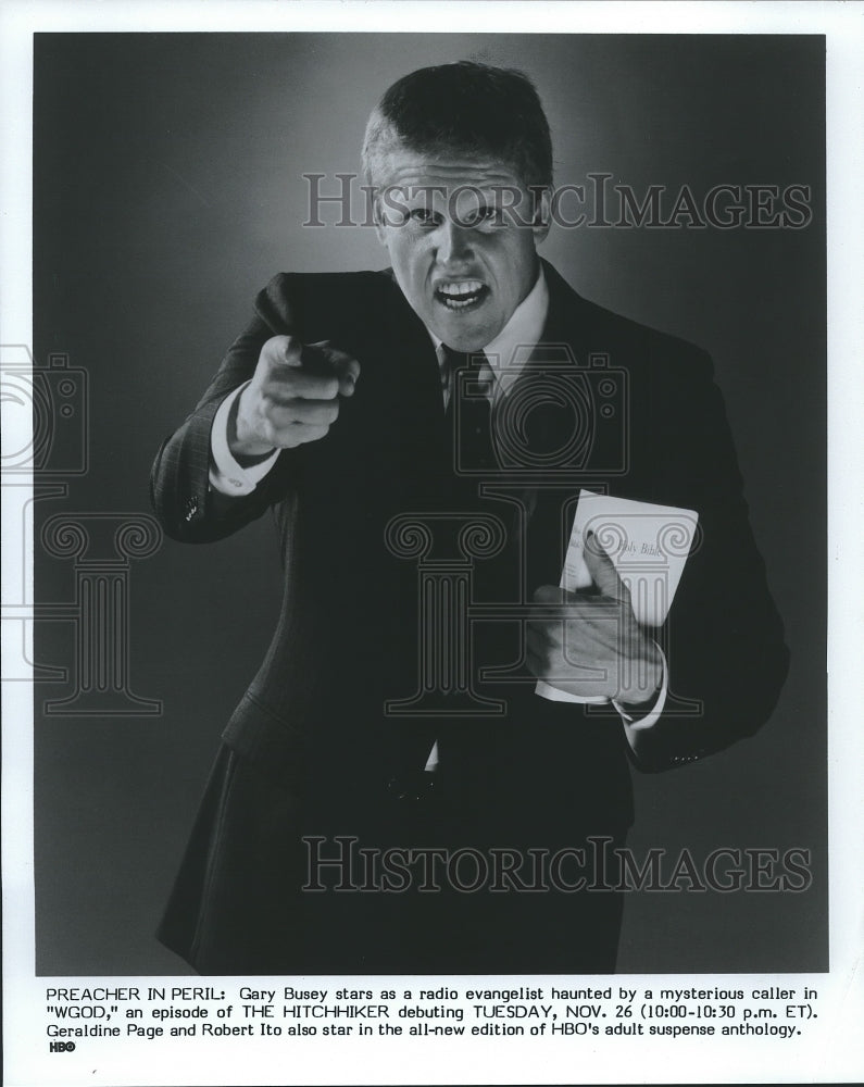 Press Photo Actor Gary Busey As Radio Evangelist Episode Of "The Hitchhiker" - Historic Images