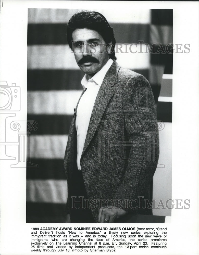 Press Photo Edward James Olmos, Actor and Host of "New to America" - Historic Images