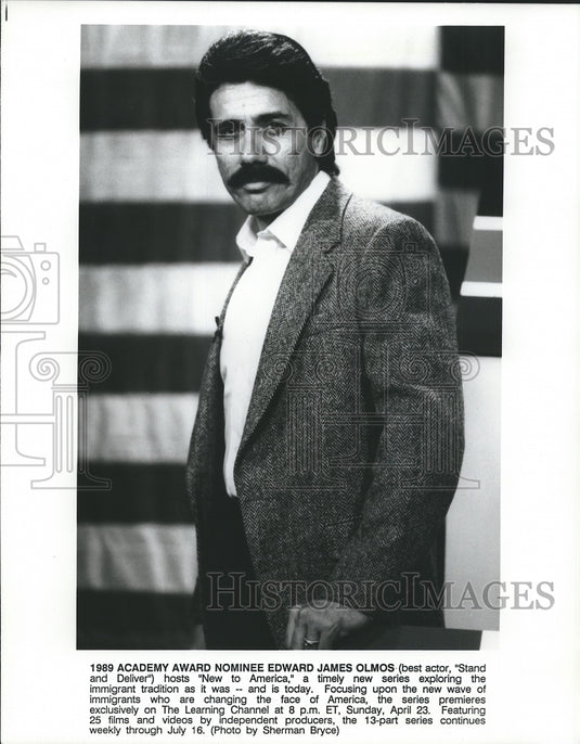 Press Photo Edward James Olmos, Actor and Host of "New to America" - Historic Images