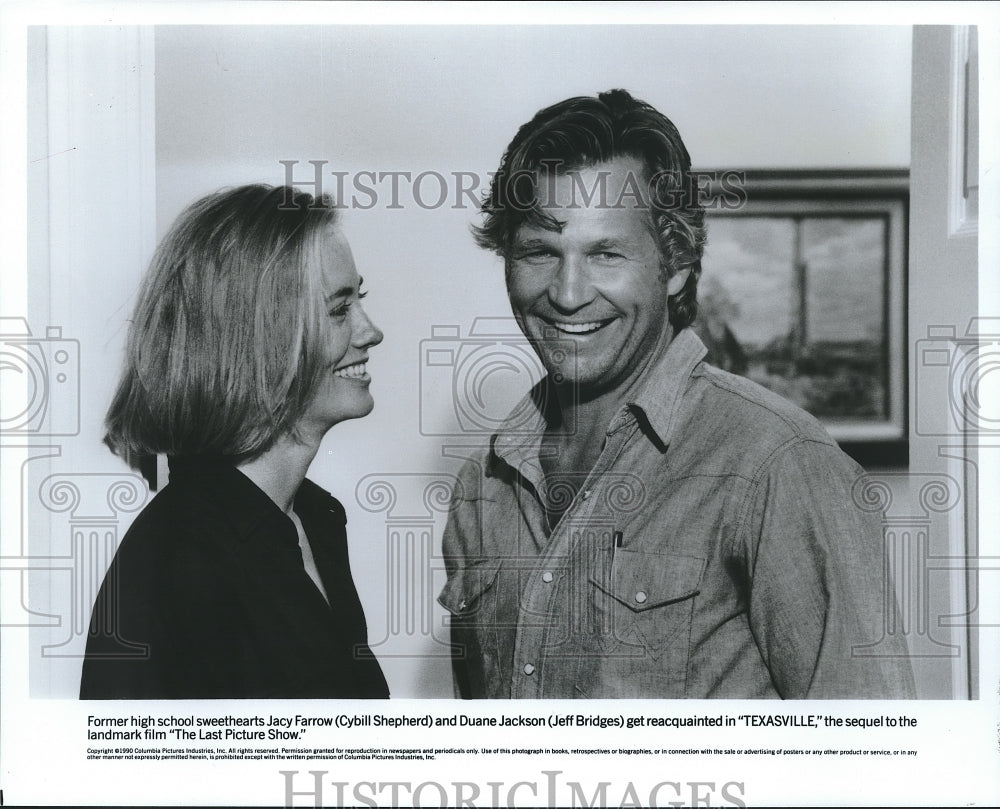 1990 Press Photo Actors Cybill Shepherd and Jeff Bridges in &quot;Texasville&quot; - Historic Images