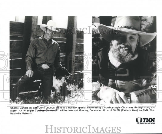 1994 Press Photo Charlie Daniels & Chris LeDoux in "A Wrangler Cowboy Christmas" - Historic Images