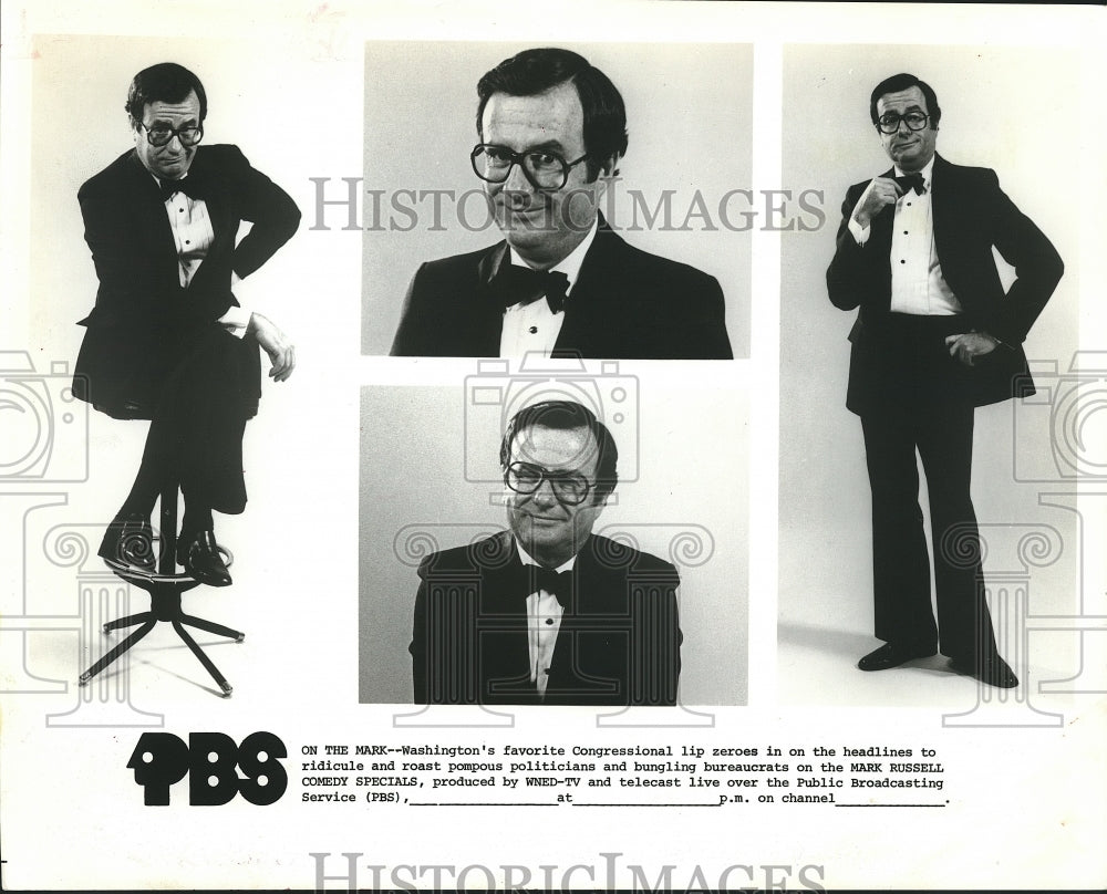 Press Photo Mark Russell, Political Satirist, on &quot;Mark Russell Comedy Specials&quot; - Historic Images