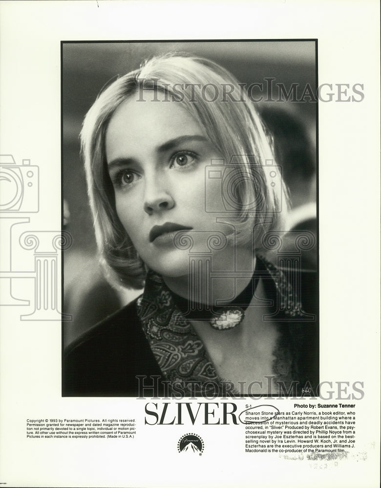 1993 Press Photo Sharon Stone, Actress, as Carly Norris in &quot;Sliver&quot; - Historic Images