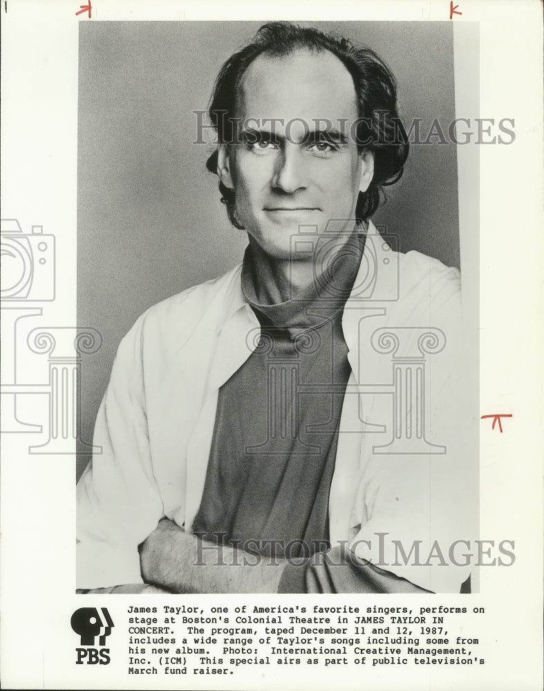 1987 Press Photo Musician James Taylor on &quot;James Taylor in Concert&quot; on PBS - Historic Images