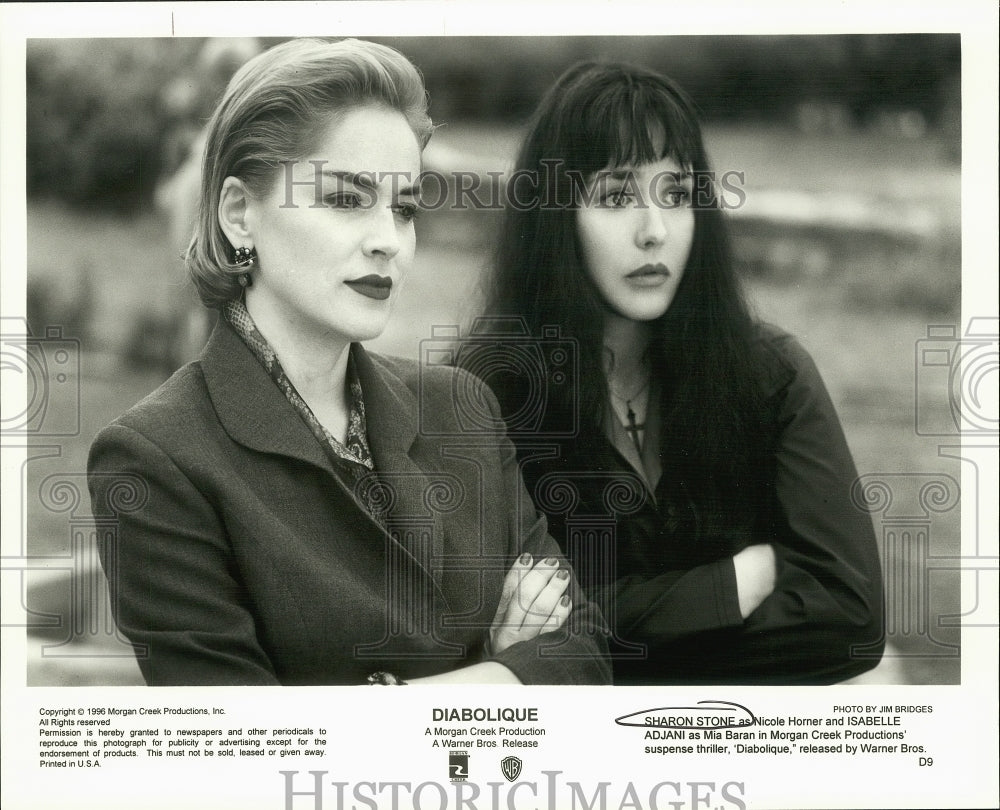 1996 Press Photo Sharon Stone and Isabelle Adjani in "Diabolique" - Historic Images