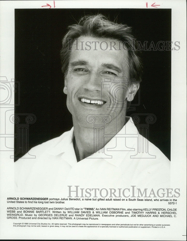 1988 Press Photo Arnold Schwarzenegger, Actor in &quot;Twins&quot; - Historic Images