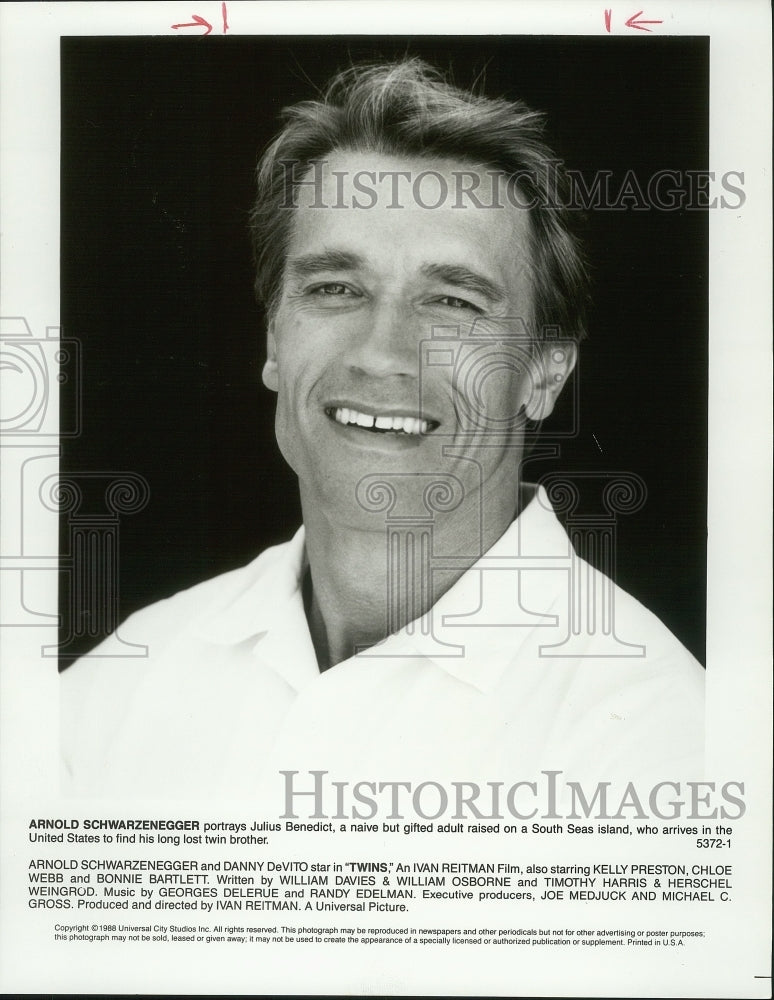 1988 Press Photo Arnold Schwarzenegger, Actor in "Twins" - Historic Images