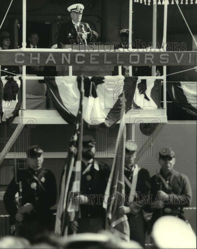 Speaker at Ship USS Chancellorsville, CG-62, christening ceremony MS - Historic Images