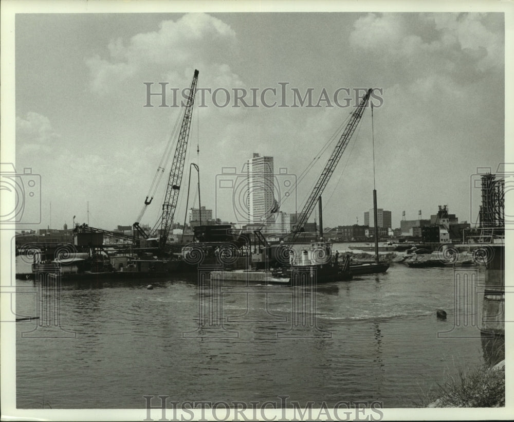 1971 Boats and Cranes over tunnel construction, River Operation-Historic Images