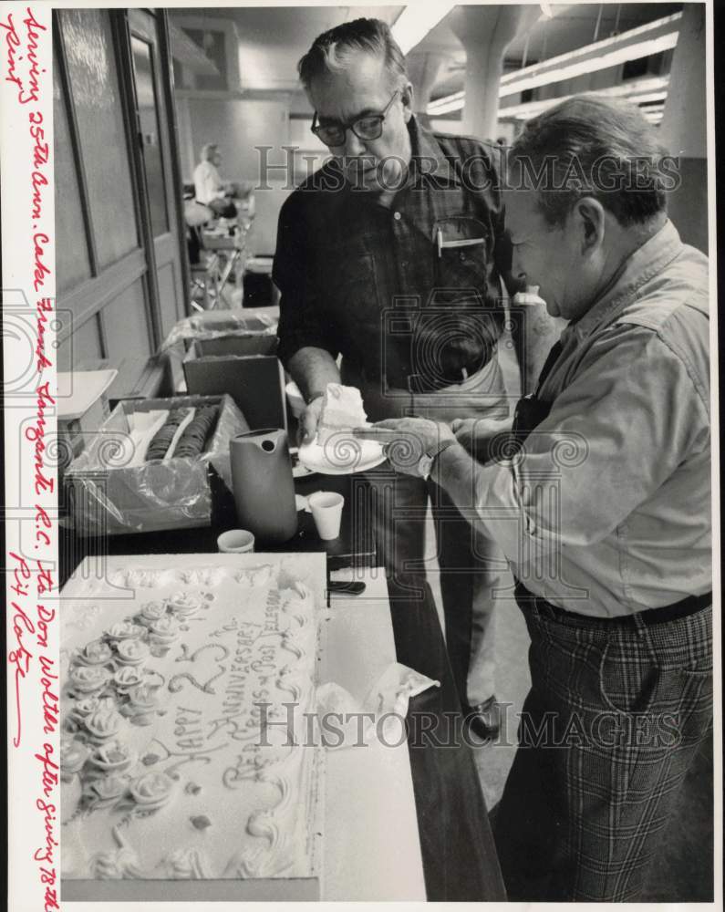 Press Photo Frank Sanzante serves Don Wolter Red Cross & Post anniversary cake- Historic Images
