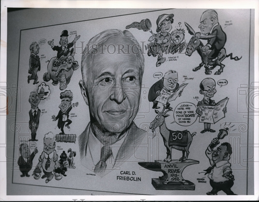 1963 Press Photo Carl D.Friebolin framed Cartoon for 50 years with anvil Revue.- Historic Images