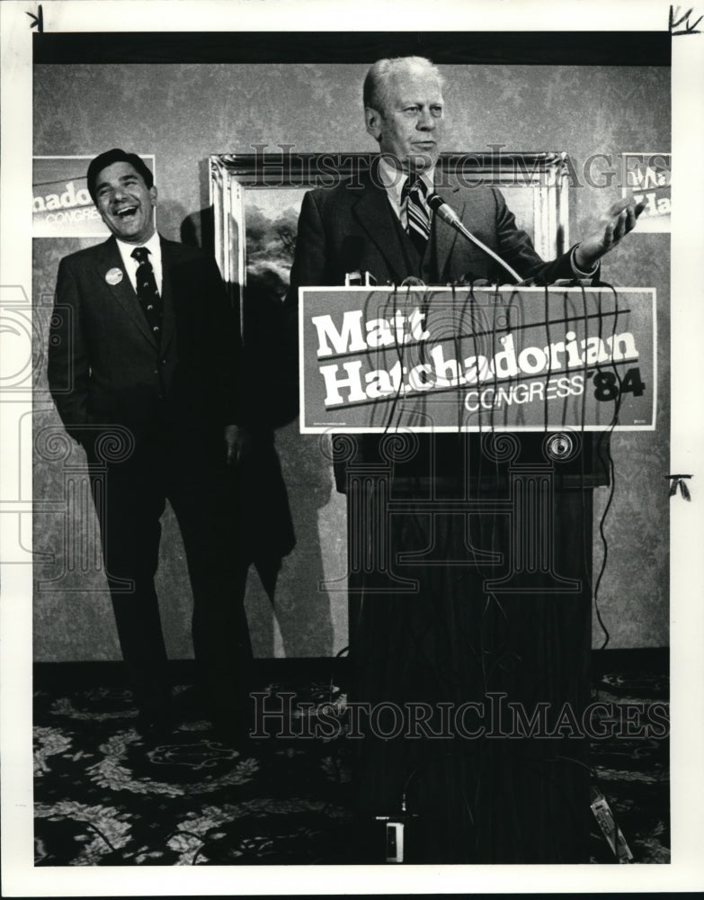 1984 Press Photo Gerald Ford with Matt Hatchadorian&#39;s campaign for congress - Historic Images