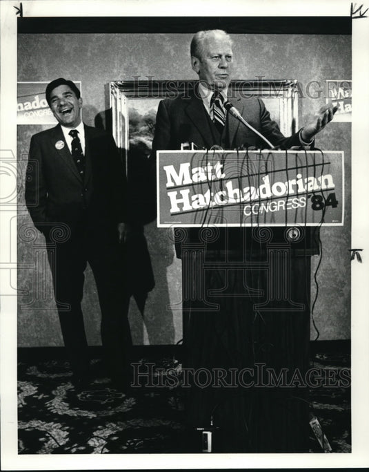 1984 Press Photo Gerald Ford with Matt Hatchadorian's campaign for congress - Historic Images