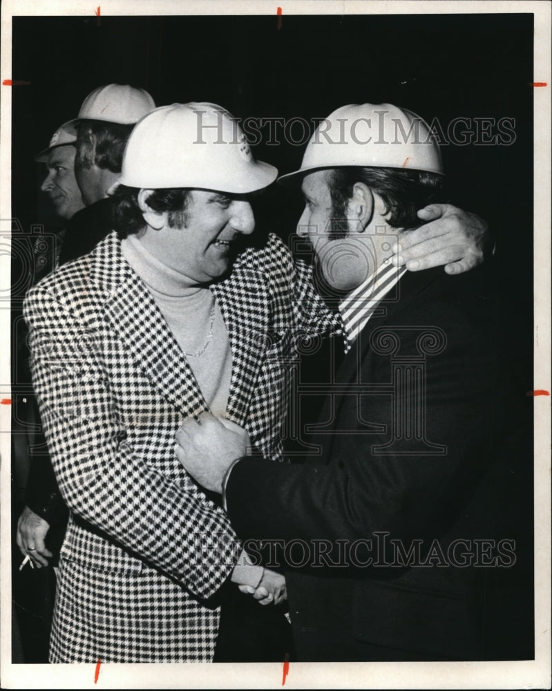 1973 Press Photo Nick Mileti (left) Wearing Hard Hat - cva17400 - Historic Images