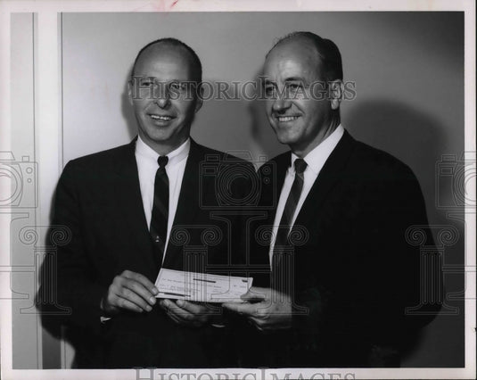 1965 Press Photo Thomas Quick presents a check to James O. Brennan - cva20925 - Historic Images