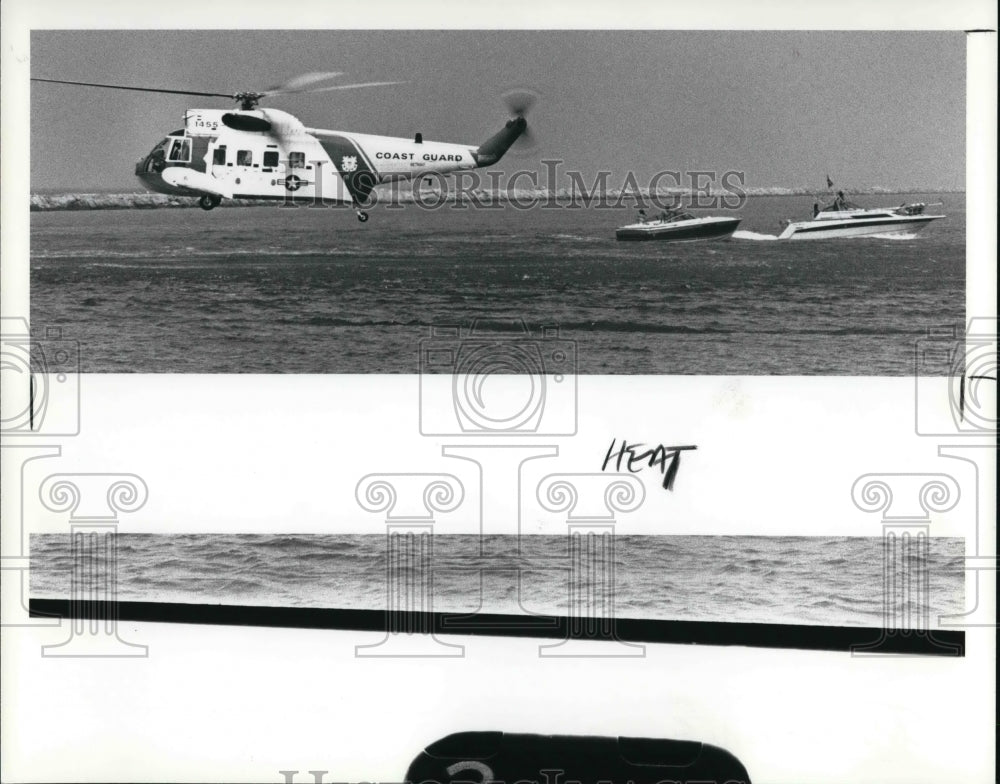 1987 Press Photo Coast Guard helicopter begins simulated rescue of crash victim - Historic Images