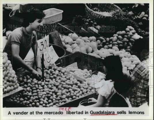 1986 Press Photo A vender at the mercado libertad in Guadalajara sells lemons - Historic Images