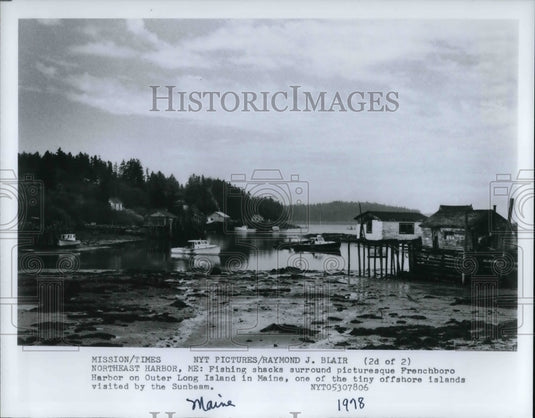 1978 Press Photo Northeast Harbor in Maine's fishing shacks at Frenchboro Harbor - Historic Images