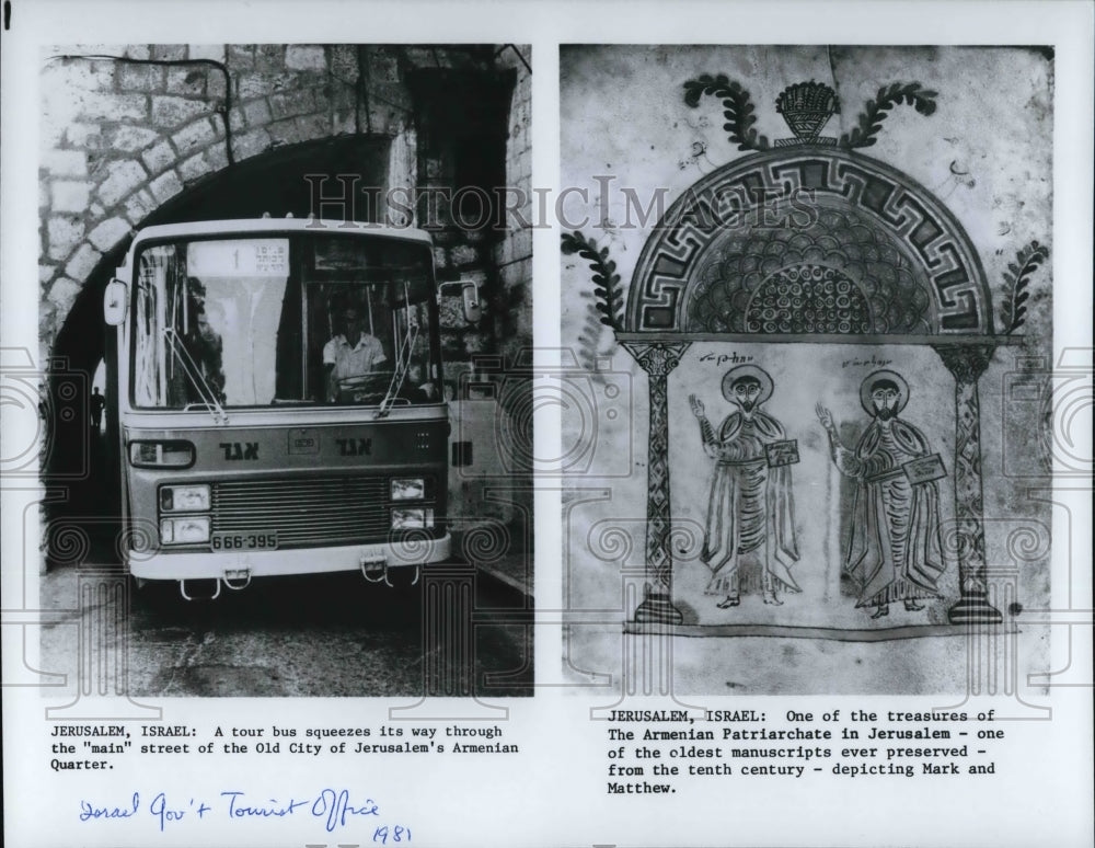 1981 Press Photo A tour bus in Israel and the treasure of the Armenian Patriarch - Historic Images