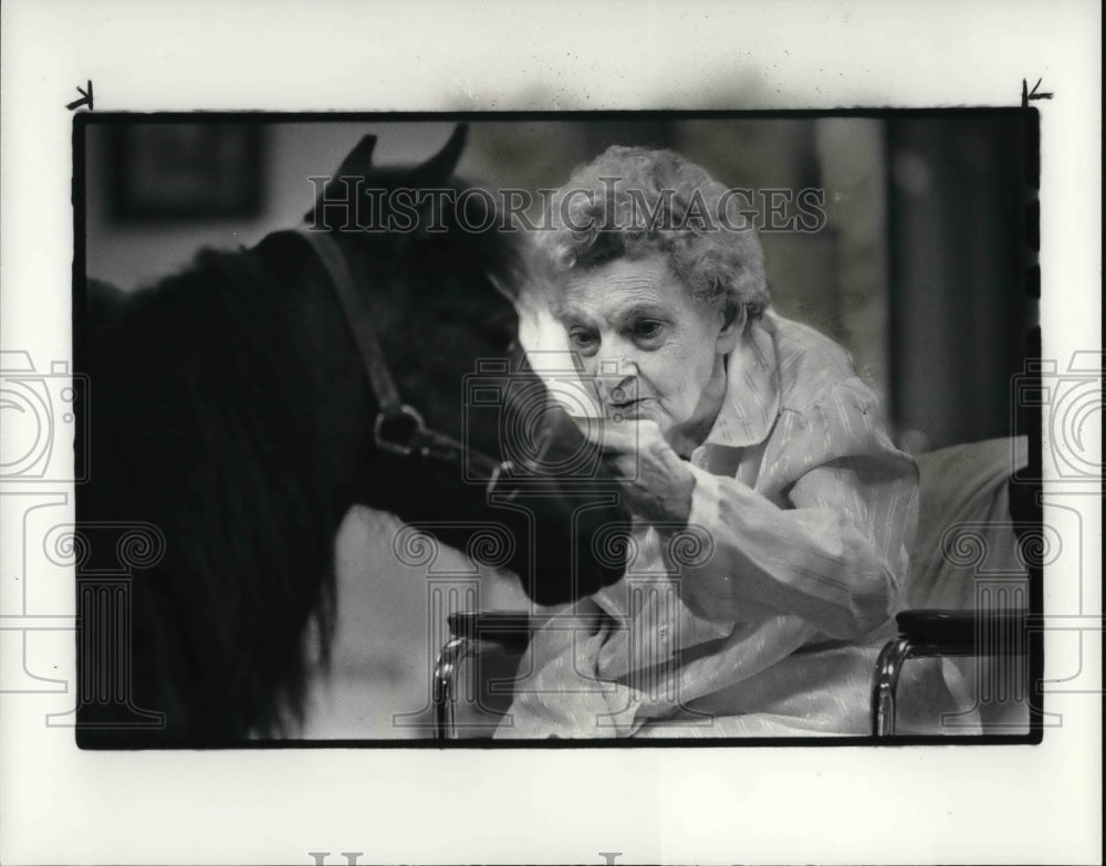 1984 Press Photo Mrs Helen Borgman pats Crichet, the miniature horse - Historic Images