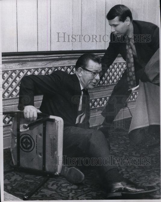 1970, Mark McElroy, County Recorder fell off & William Barnard - Historic Images