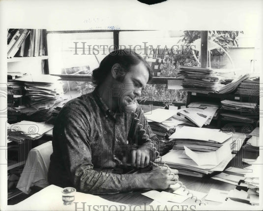 1973, Stewart Rawlings Mott on telephone discussing matters - Historic Images
