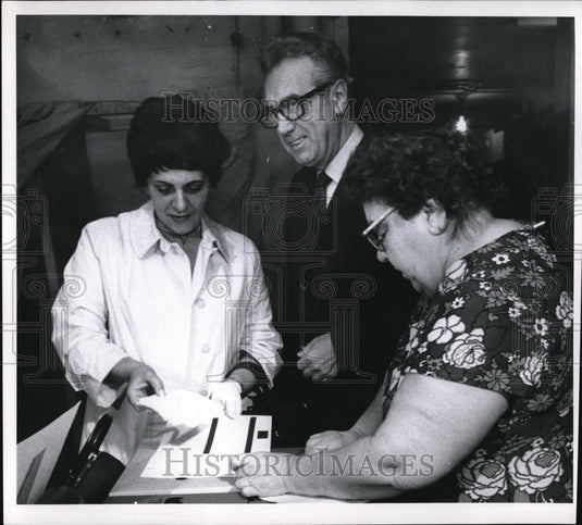 1969, Mr. & Mrs. Ralph J. Perk, booth worker, Lottie Karpinski - Historic Images