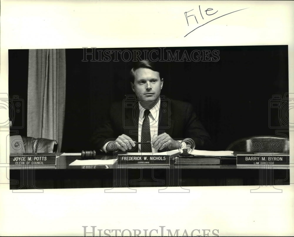 1987, Frederick W Nichols, lone councilman at Orange council meeting - Historic Images