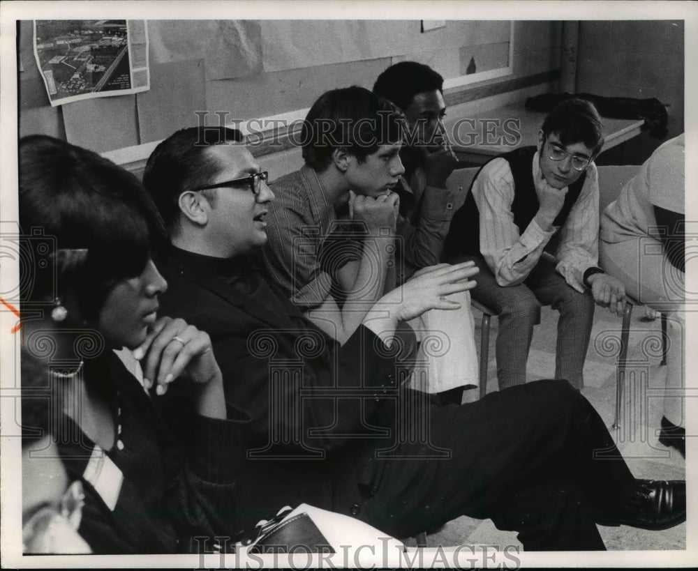 1971 Rev Anthony M Pilla talks with students of JFK High School - Historic Images
