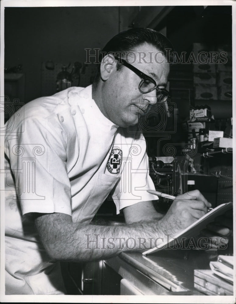 1963, Aaron Sherwin Parma Druggist requires to sign for airplane Glue - Historic Images