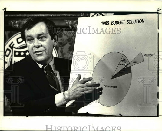1985 Press Photo Mayor George Voinovich press conference announcing 1985 budget - Historic Images