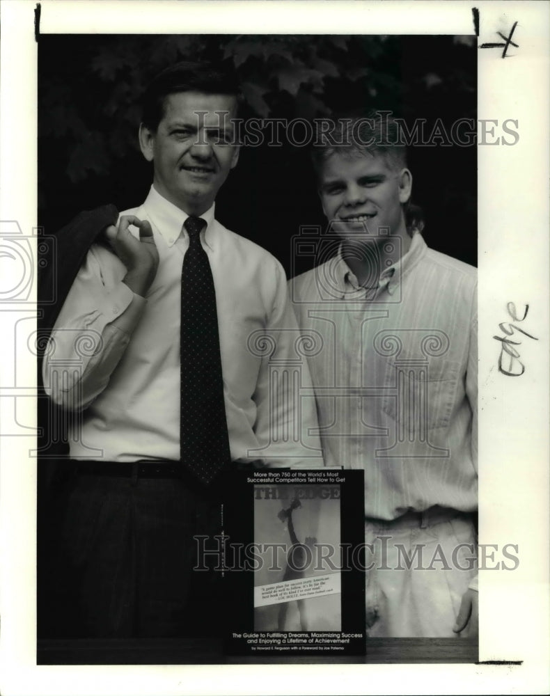 1990 Press Photo Victor Voinovich Sr &amp; Victor Voinovich Jr With Book The Edge - Historic Images