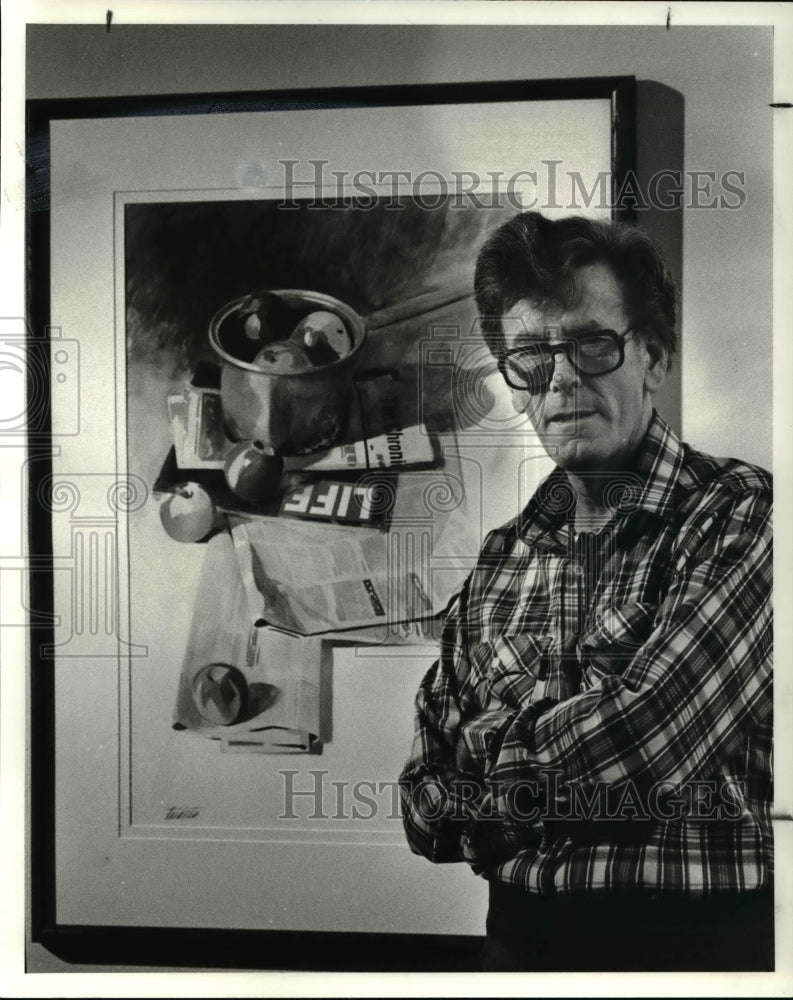 1983, Richard Treaster with his paintings at Beck Center - cva49527 - Historic Images