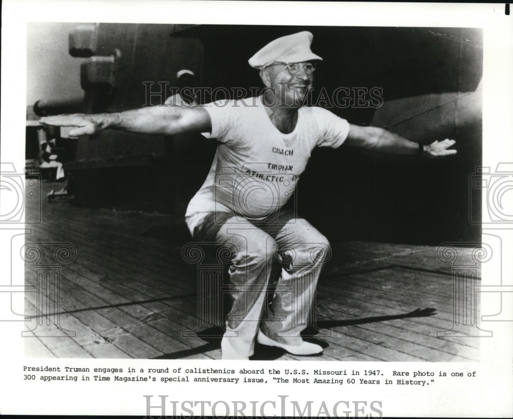 Press Photo Pres.Trauman engages in a round of Calisthenics at USS Missouri - Historic Images