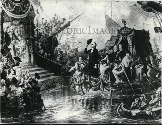 1977, An old print depicts of George Washington's New York arrival - Historic Images