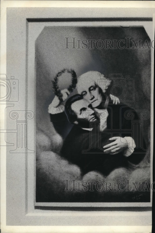 1975, Picture of George Washington and Lincoln embracing in heaven. - Historic Images