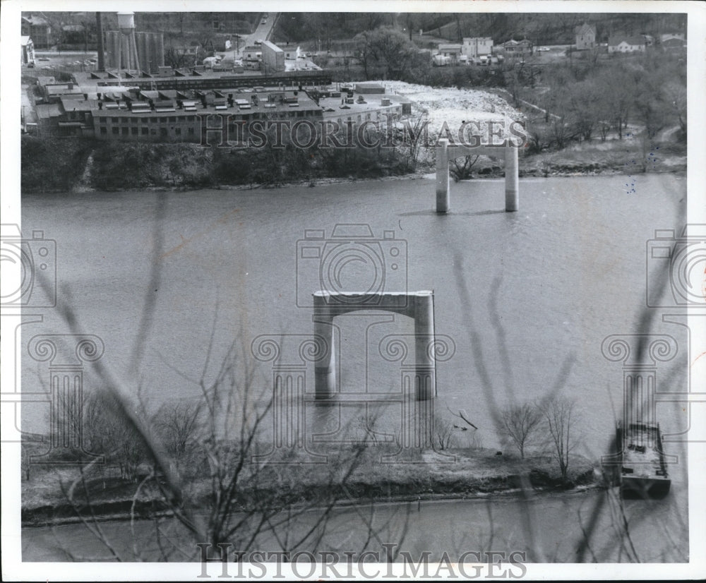 1973 Concrete piers are the two foundation for the highway bridge - Historic Images