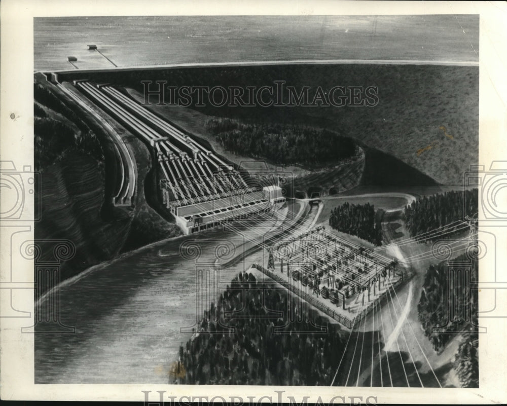 1964, An artist conception of the Portage Mountain Dam and powerhouse - Historic Images