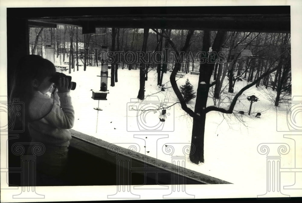 1980 Press Photo Wendy McEntee watches the bird at the Holden Arboretum - Historic Images