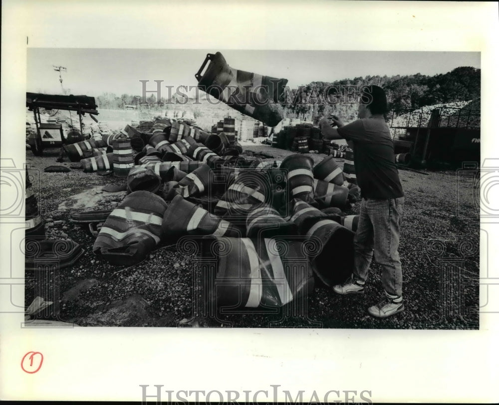 1990 Press Photo Piles of Broken Drums Under I-480 Bridge for Landfill - Historic Images