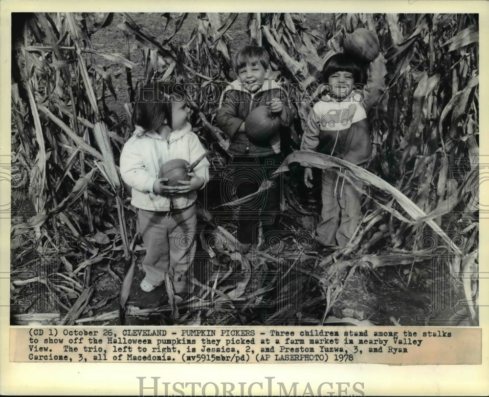 1978 Press Photo Jessica &amp; Preston Yuzwa and Ryan Carcione on pumpkin picking - Historic Images