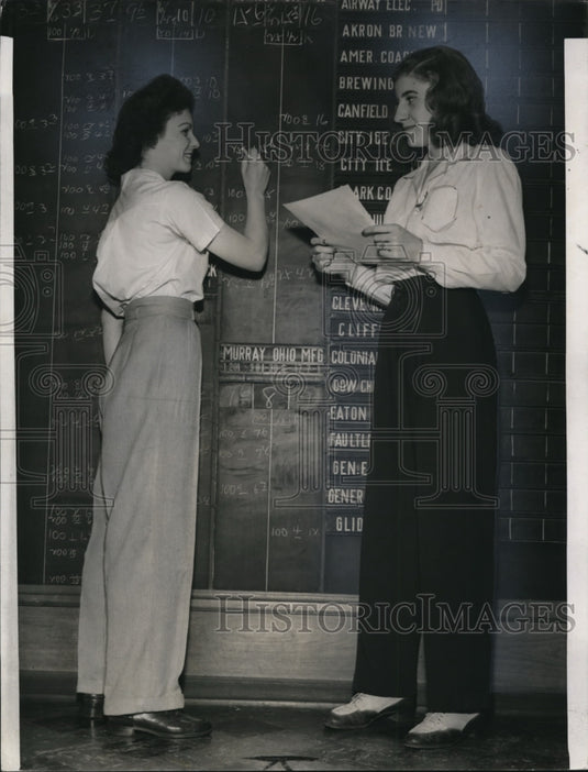 1942 Press Photo Shriley Buhoup and Alice Cotton chalk up figures - Historic Images