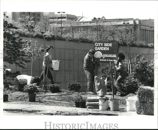 1985 Press Photo Clean-land crews plant trees & shrubs on west side - Historic Images